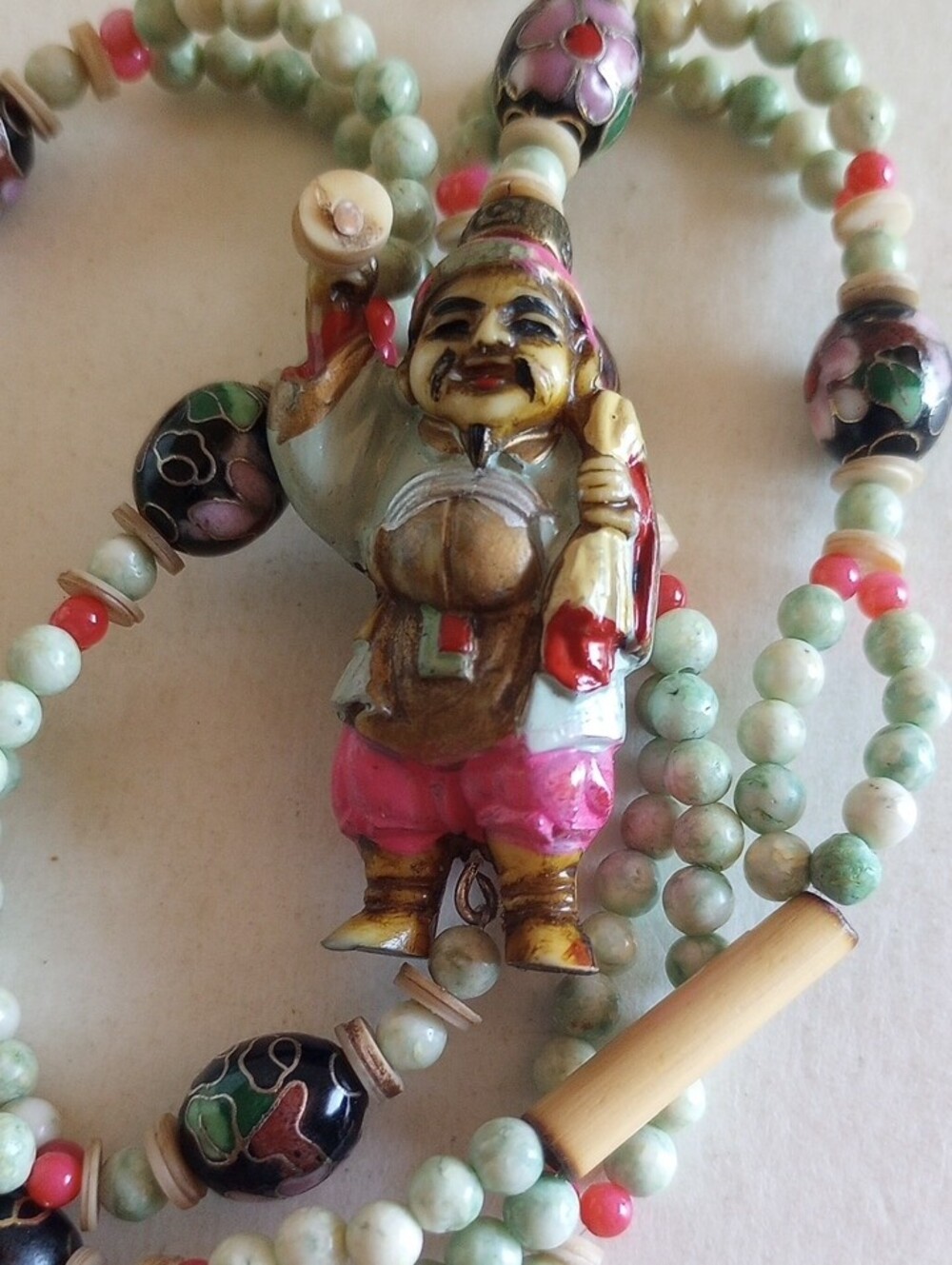 VINTAGE NETSUKE NECKLACE DAIKOKU GOD OF PROSPERITY JASPER CLOISONNE CORAL GLASS
